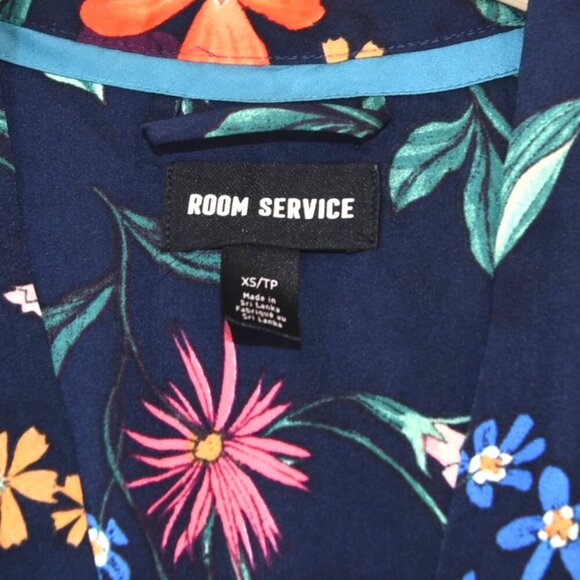 Room Service Drink Champagne Floral Robe Kimono XS Navy Lounge Wrap *No Belt* - Picture 3 of 8